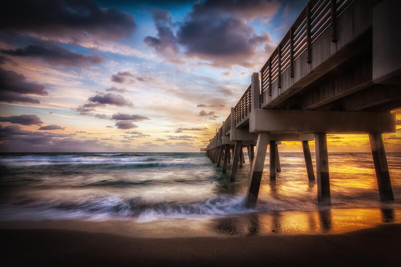 Pier at Sunset — Blue, Dramatic, Photograph, Ocean, Sky, Clouds