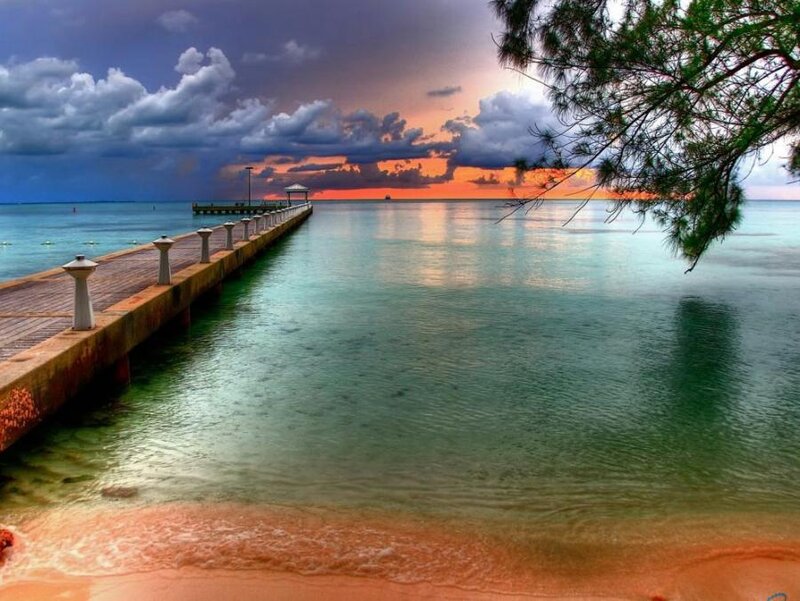 Pier at Sunset — Blue, Dramatic, Photograph, Ocean, Sky, Tree