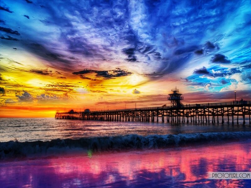 Pier at Sunset — Blue, Dramatic, Photograph, Ocean, Sky, Waves
