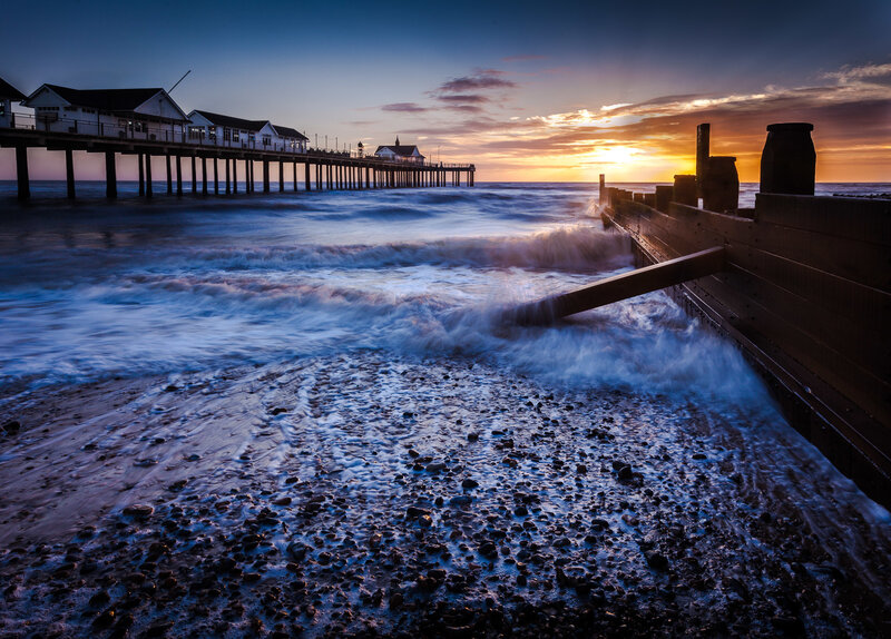 Pier at Sunset — Blue, Dramatic, Photograph, Ocean, Waves