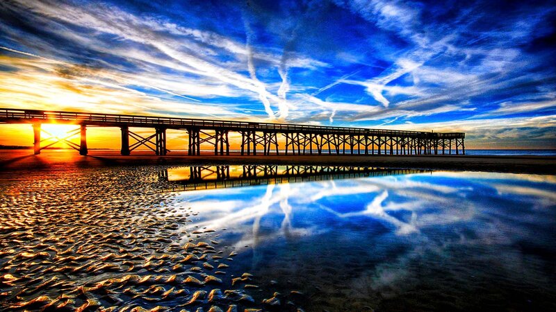 Pier at Sunset — Blue, Dramatic, Photograph, Sky, Beach