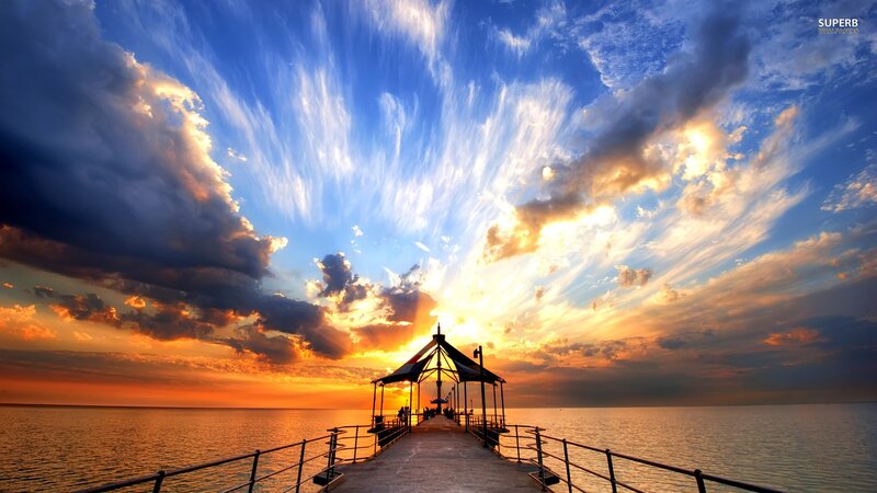 Pier at Sunset — Blue, Dramatic, Photograph, Sky, Clouds, Ocean, Orange, Yellow