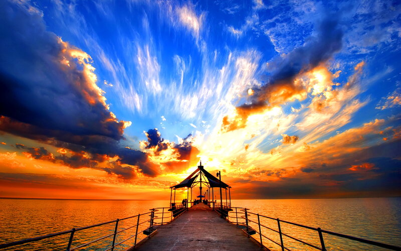 Pier at Sunset — Blue, Dramatic, Photograph, Sky, Clouds, Ocean