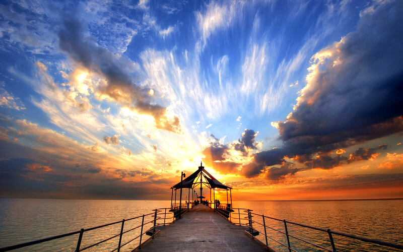 Pier at Sunset — Blue, Dramatic, Photograph, Sky, Clouds