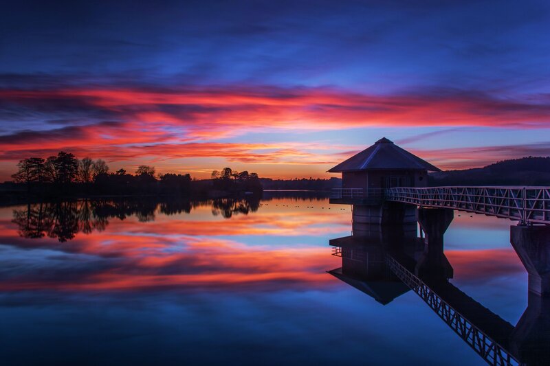 Pier at Sunset — Blue, Dramatic, Photograph, Sky, Lake
