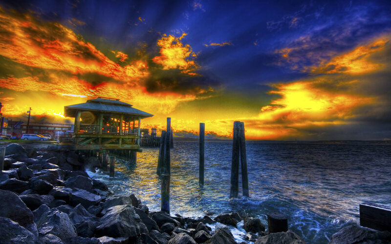 Pier at Sunset — Blue, Dramatic, Photograph, Sky, Rocks