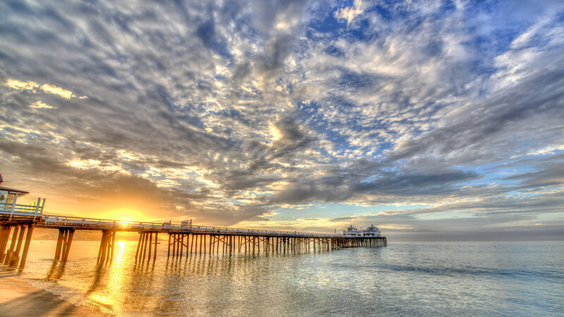 Pier at Sunset — Blue, Dramatic, Photograph, Sun, Ocean, Clouds