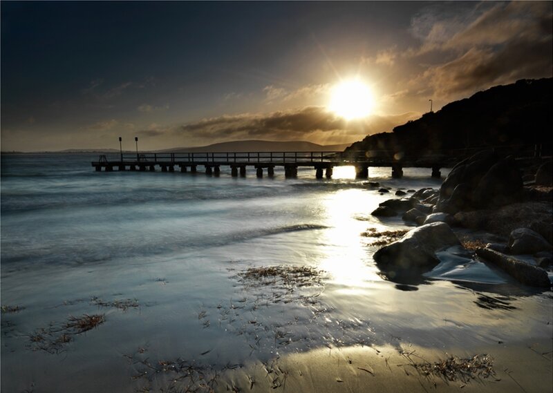 Pier at Sunset — Blue, Dramatic, Photograph, Sun, Ocean