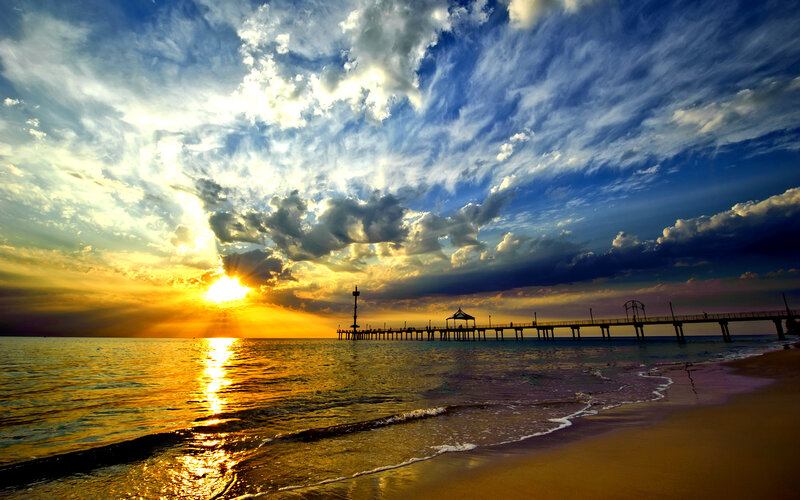 Pier at Sunset — Blue, Dramatic, Photograph, Sun