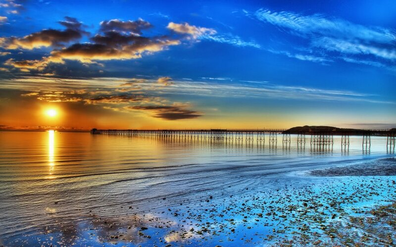Pier at Sunset — Blue, Dramatic, Photograph