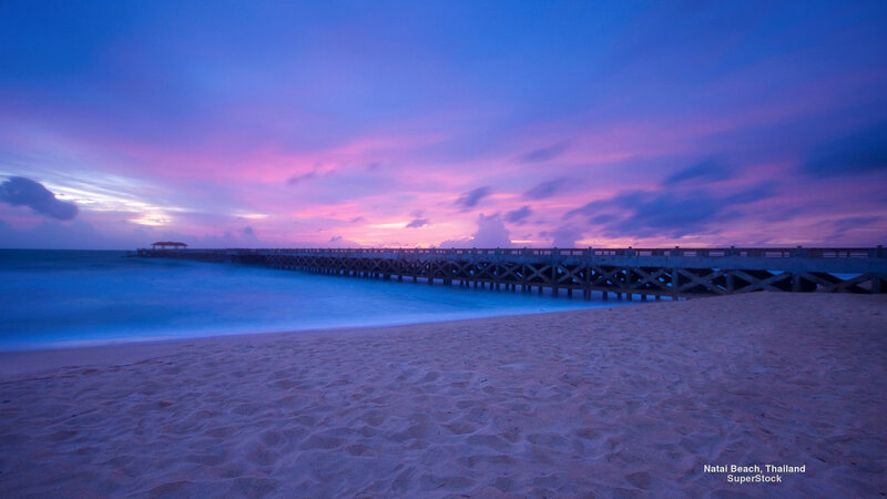 Pier at Sunset — Blue, Serene, Photograph, Beach, Ocean, Sky
