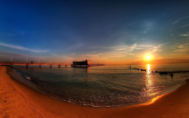 Pier at Sunset — Blue, Serene, Photograph, Beach, Ocean, Sun
