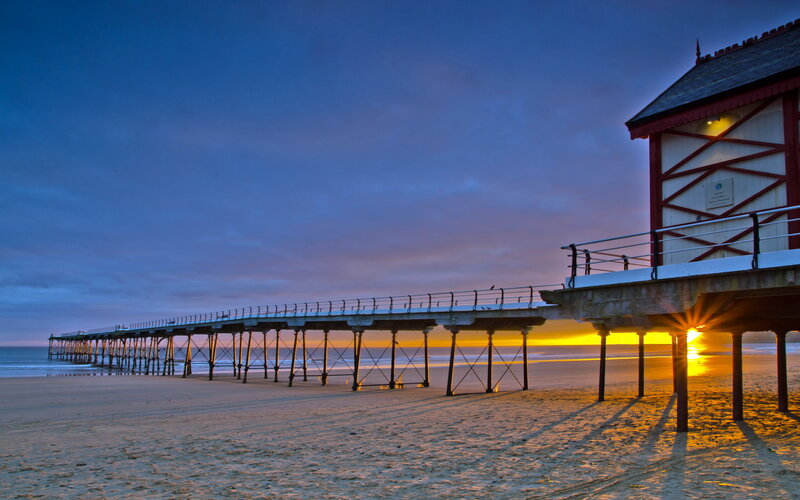 Pier at Sunset — Blue, Serene, Photograph, Beach, Sun