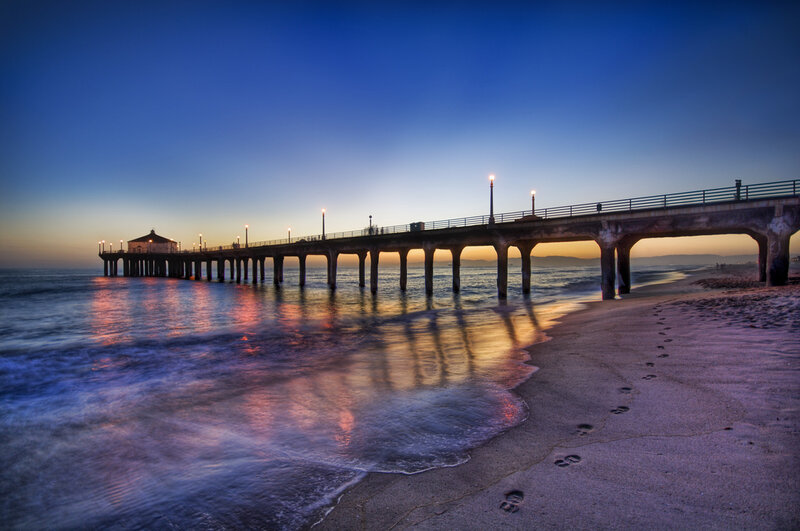 Pier at Sunset — Blue, Serene, Photograph, Beach