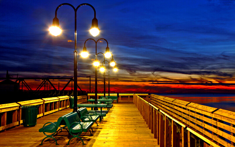 Pier at Sunset — Blue, Serene, Photograph, Benches