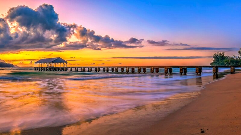 Pier at Sunset — Blue, Serene, Photograph, Clouds