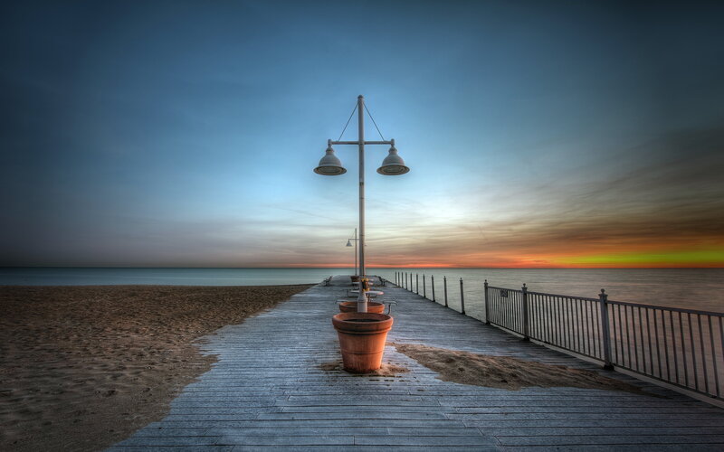 Pier at Sunset — Blue, Serene, Photograph, Lamp Post