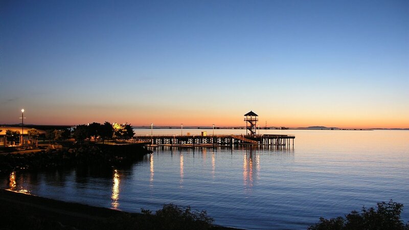 Pier at Sunset — Blue, Serene, Photograph, Lighthouse