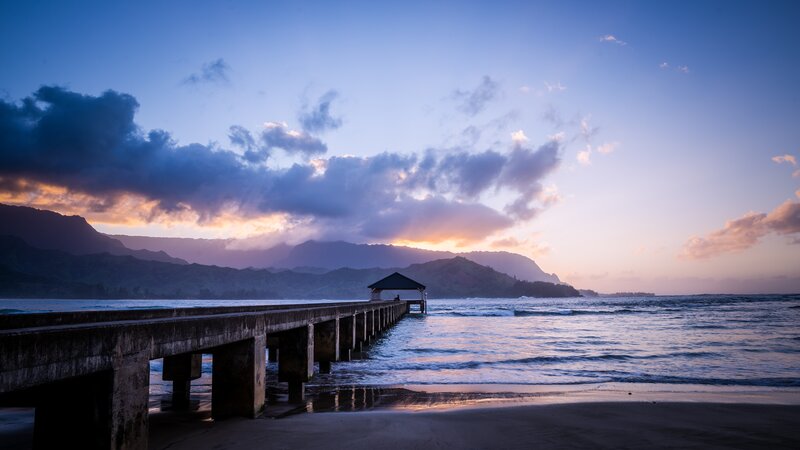 Pier at Sunset — Blue, Serene, Photograph, Mountains