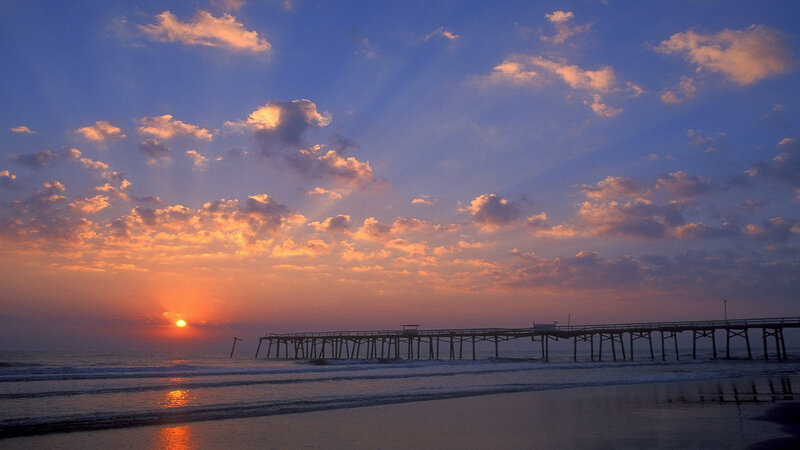 Pier at Sunset — Blue, Serene, Photograph, Ocean, Clouds