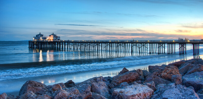 Pier at Sunset — Blue, Serene, Photograph, Ocean, Rocks