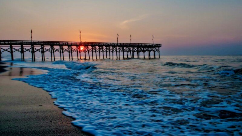 Pier at Sunset — Blue, Serene, Photograph, Ocean, Sand