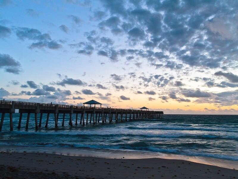 Pier at Sunset — Blue, Serene, Photograph, Ocean, Sky, Beach