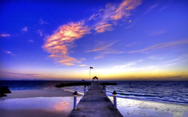 Pier at Sunset — Blue, Serene, Photograph, Ocean, Sky, Clouds