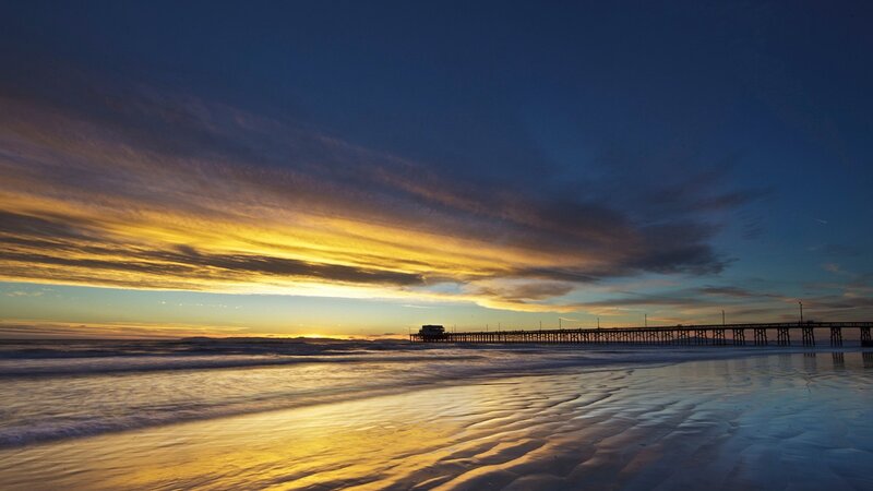 Pier at Sunset — Blue, Serene, Photograph, Ocean, Sky, Clouds, Yellow, Orange