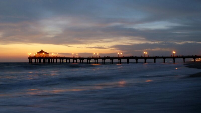 Pier at Sunset — Blue, Serene, Photograph, Ocean, Sky, Lights