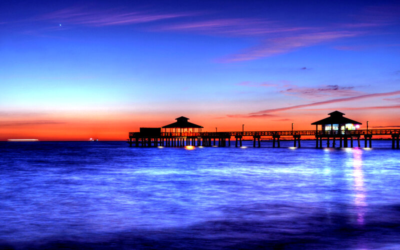 Pier at Sunset — Blue, Serene, Photograph, Ocean, Sky