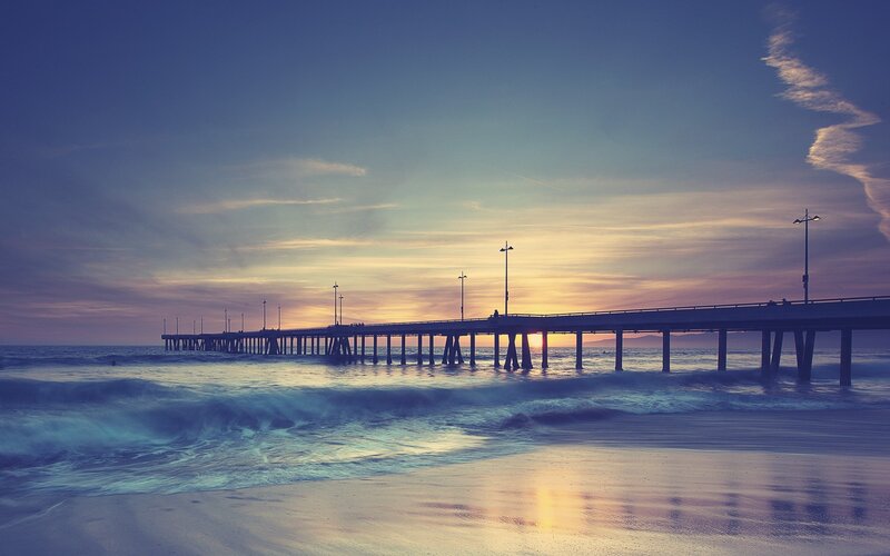 Pier at Sunset — Blue, Serene, Photograph, Ocean, Sky, Waves