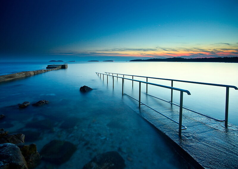 Pier at Sunset — Blue, Serene, Photograph, Railing