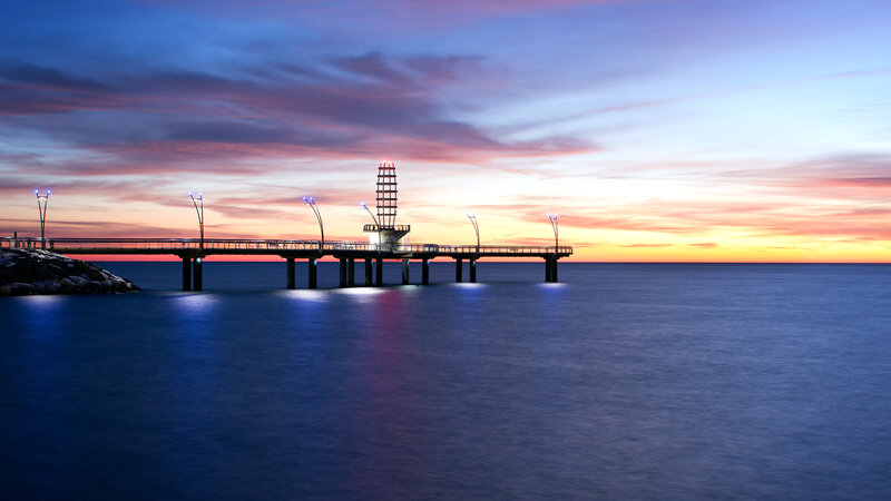 Pier at Sunset — Blue, Serene, Photograph, Sky