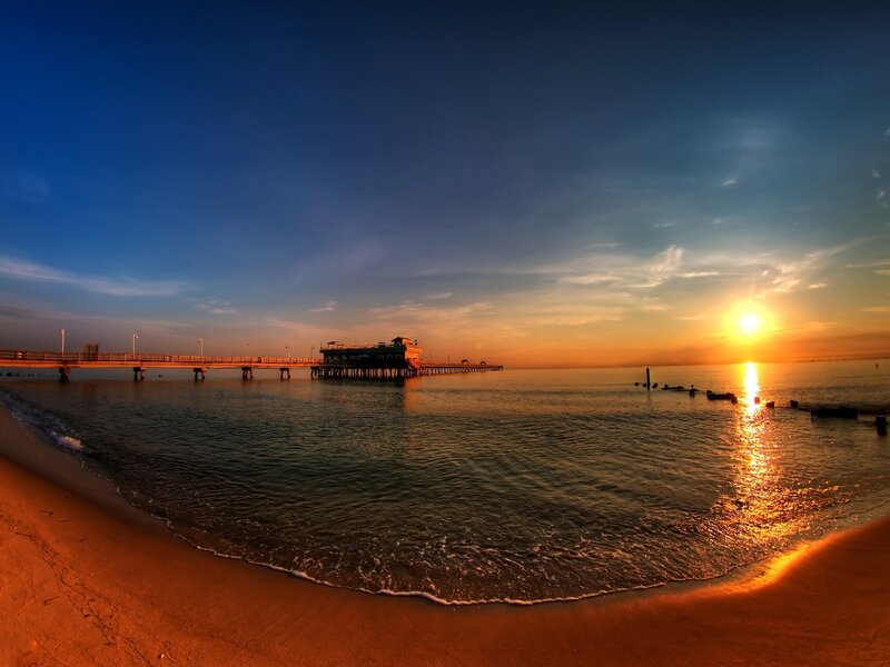 Pier at Sunset — Blue, Serene, Photograph, Sun, Beach