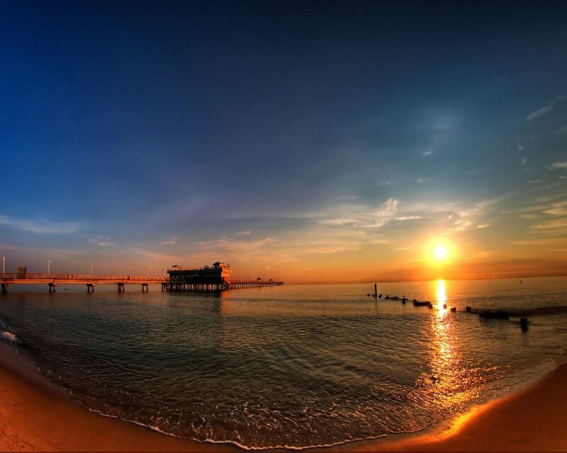 Pier at Sunset — Blue, Serene, Photograph, Sun, Ocean, Beach