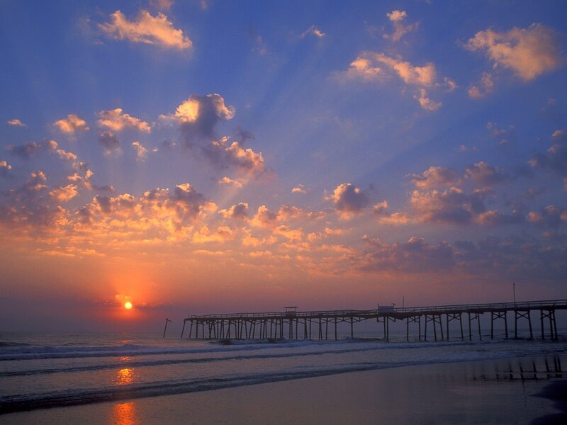 Pier at Sunset — Blue, Serene, Photograph, Sun, Ocean, Clouds