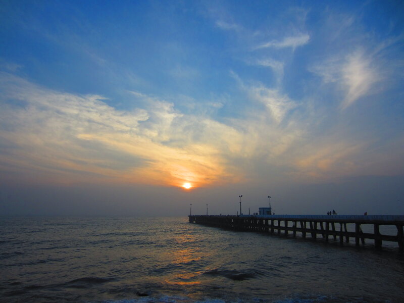 Pier at Sunset — Blue, Serene, Photograph, Sun, Ocean