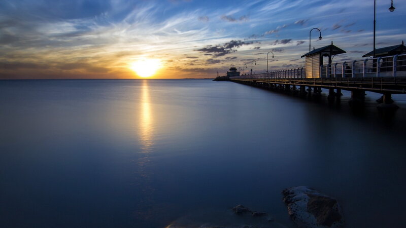 Pier at Sunset — Blue, Serene, Photograph, Sun, Sky