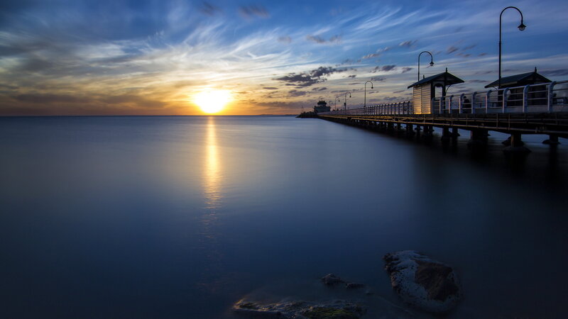Pier at Sunset — Blue, Serene, Photograph, Sun