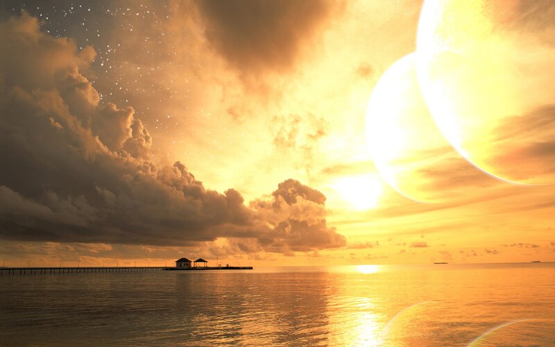 Pier at Sunset — Orange, Dramatic, Digital Art, Clouds