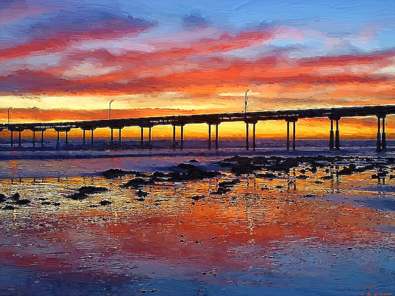 Pier at Sunset — Orange, Dramatic, Painting