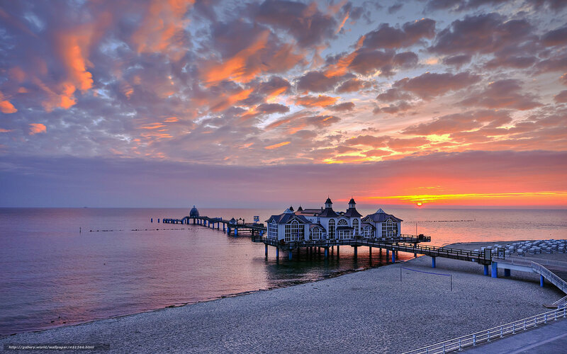 Pier at Sunset — Orange, Dramatic, Photograph, Beach, Clouds
