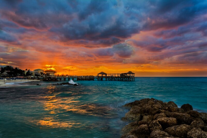 Pier at Sunset — Orange, Dramatic, Photograph, Beach, Gazebo
