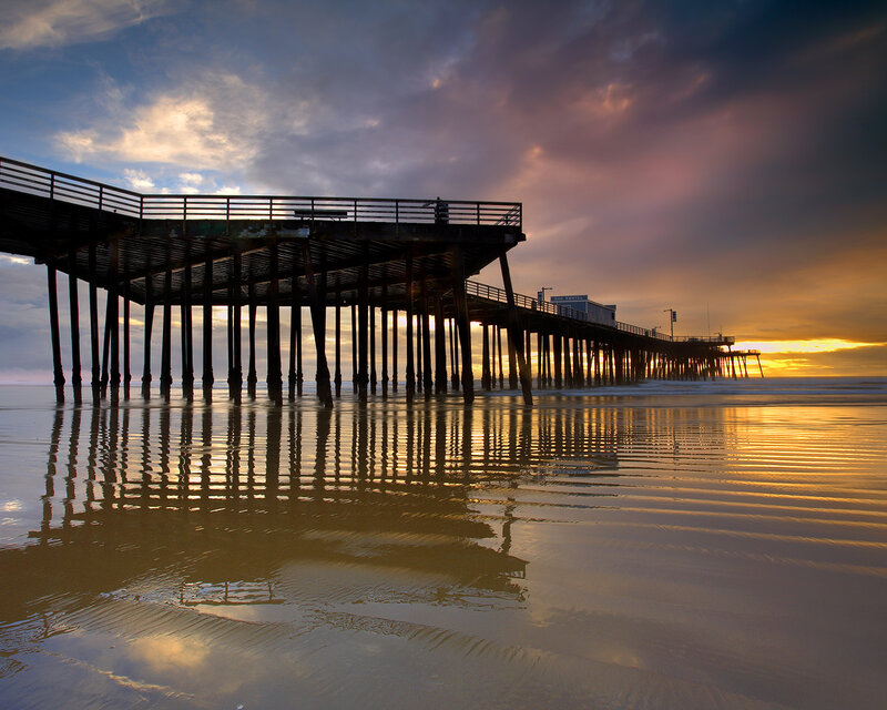 Pier at Sunset — Orange, Dramatic, Photograph, Beach, Sky, Ocean