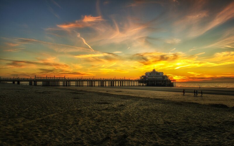 Pier at Sunset — Orange, Dramatic, Photograph, Beach, Sky