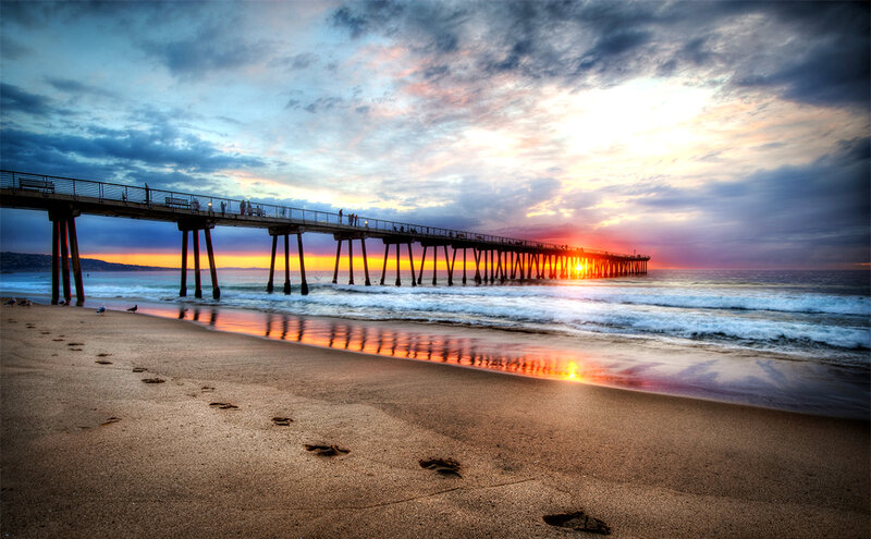 Pier at Sunset — Orange, Dramatic, Photograph, Beach