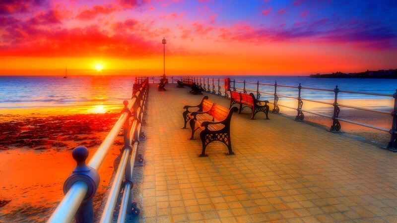 Pier at Sunset — Orange, Dramatic, Photograph, Benches