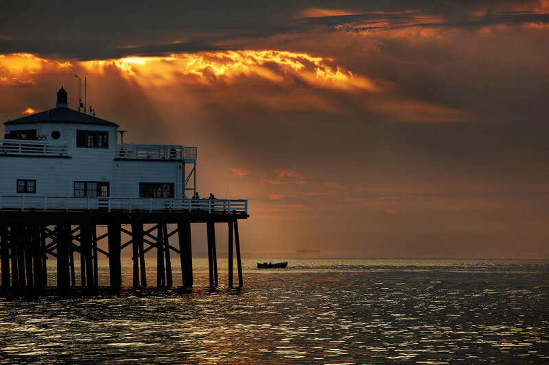 Pier at Sunset — Orange, Dramatic, Photograph, Boat