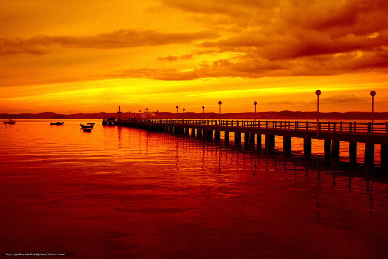 Pier at Sunset — Orange, Dramatic, Photograph, Boats, Clouds